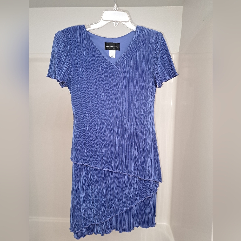 Connected Apparel Asymmetrical Pleated Dress in Blue
